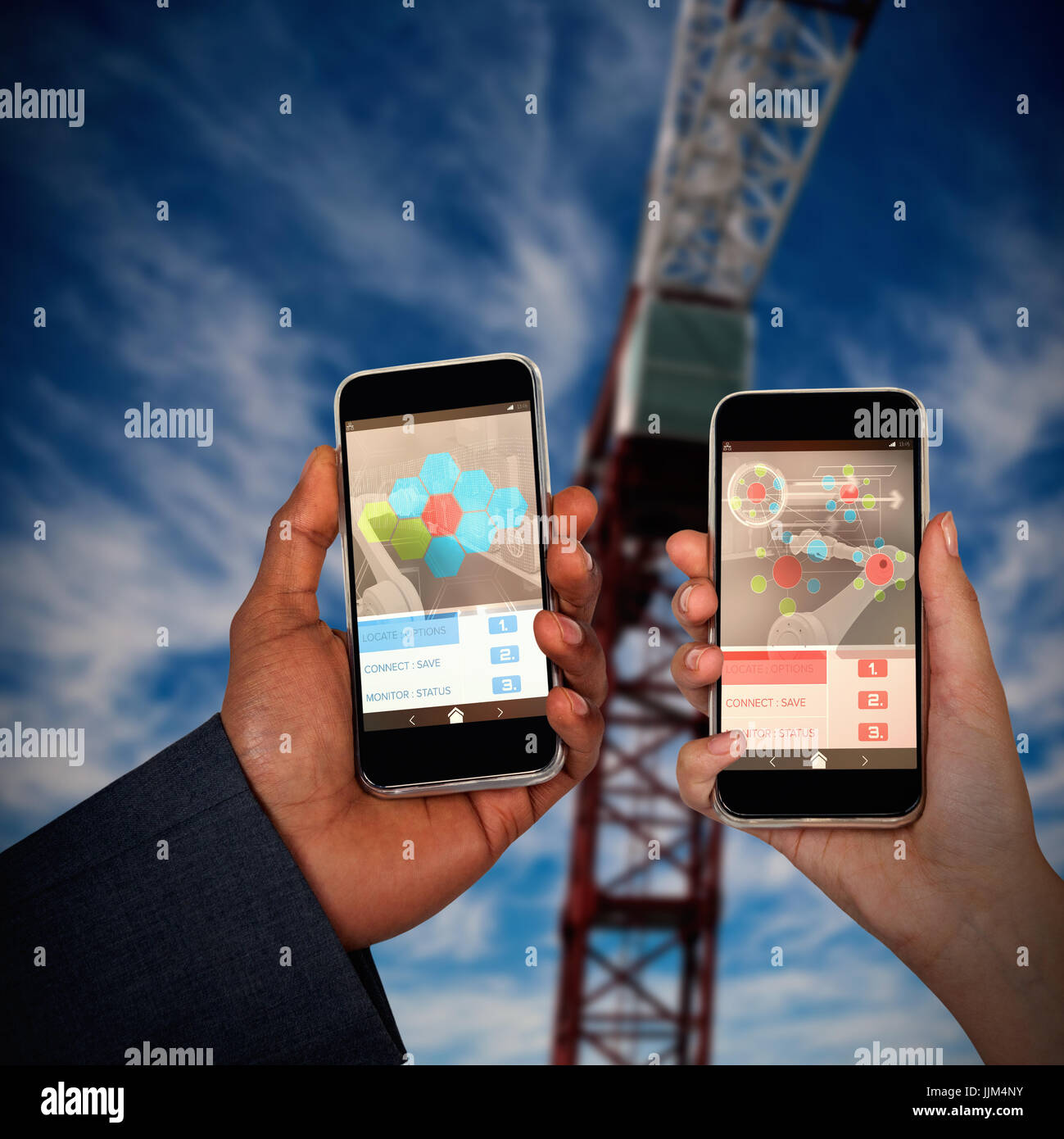 Composite 3d image of cropped hands of man and woman holding mobile phones Stock Photo