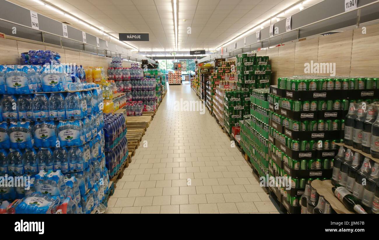 PRAGUE, CZECH REPUBLIC - JULY 19, 2017: Beers and nonalcoholic beverages in a LIDL supermarket. LIDL is a German discount chain founded in 1973 by Ger Stock Photo