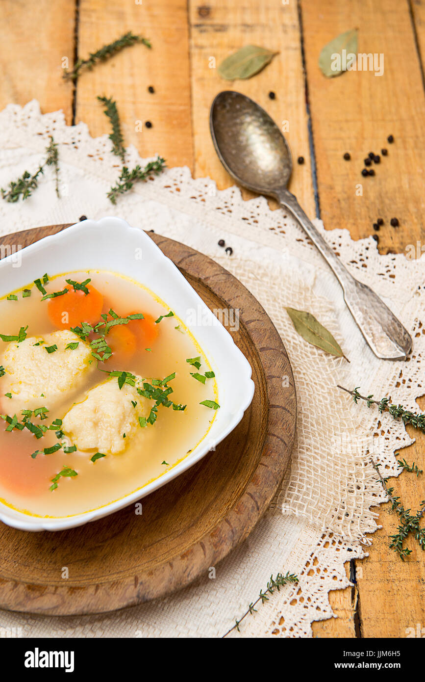 Delicious chicken broth soup Stock Photo