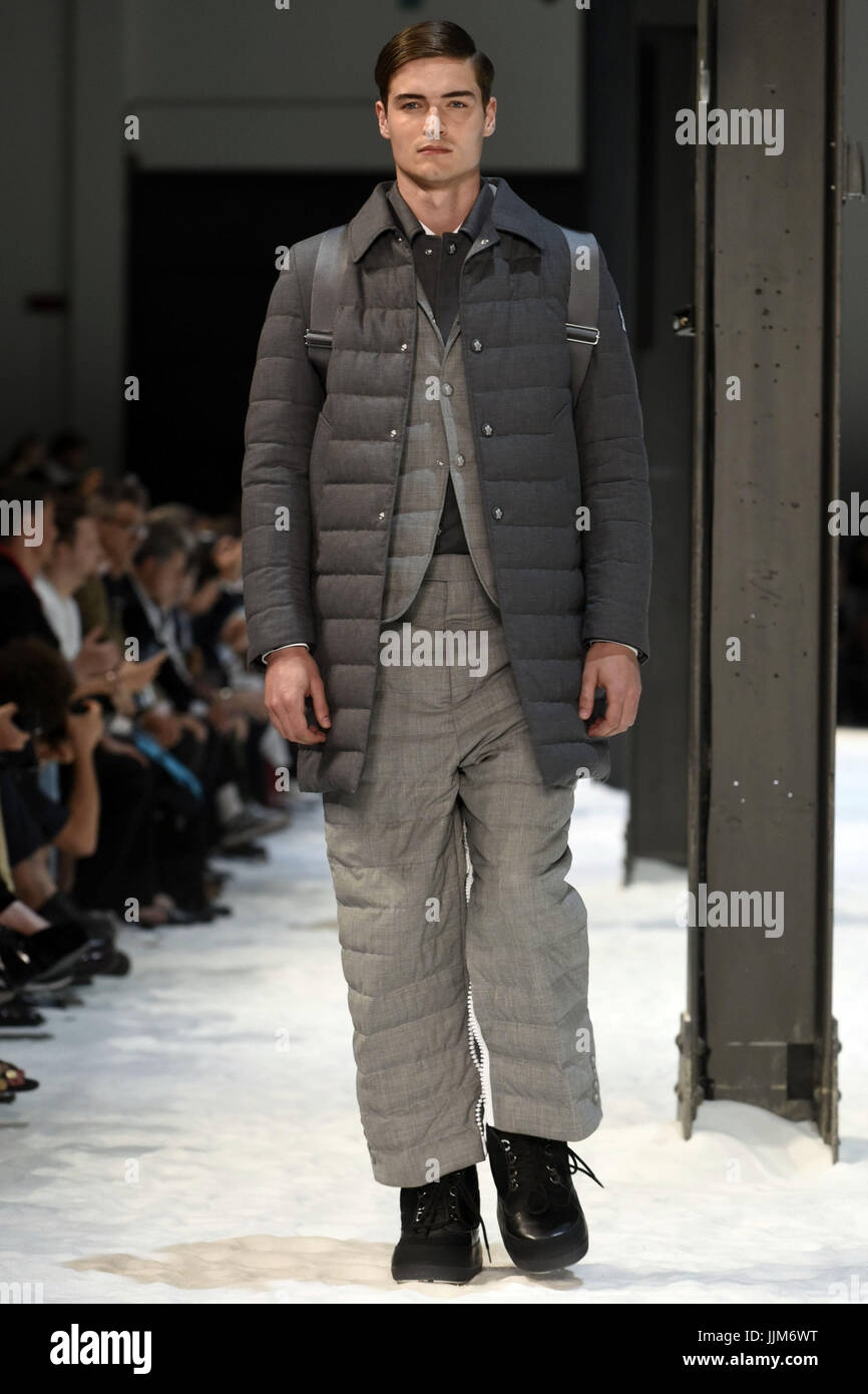 A model walks the catwalk at the Moncler show during Milan Men's Fashion  Week Spring/Summer 2018 in Milan, Italy. Where: Milan, Lombardy, Italy  When: 18 Jun 2017 Credit: IPA/WENN.com **Only available for