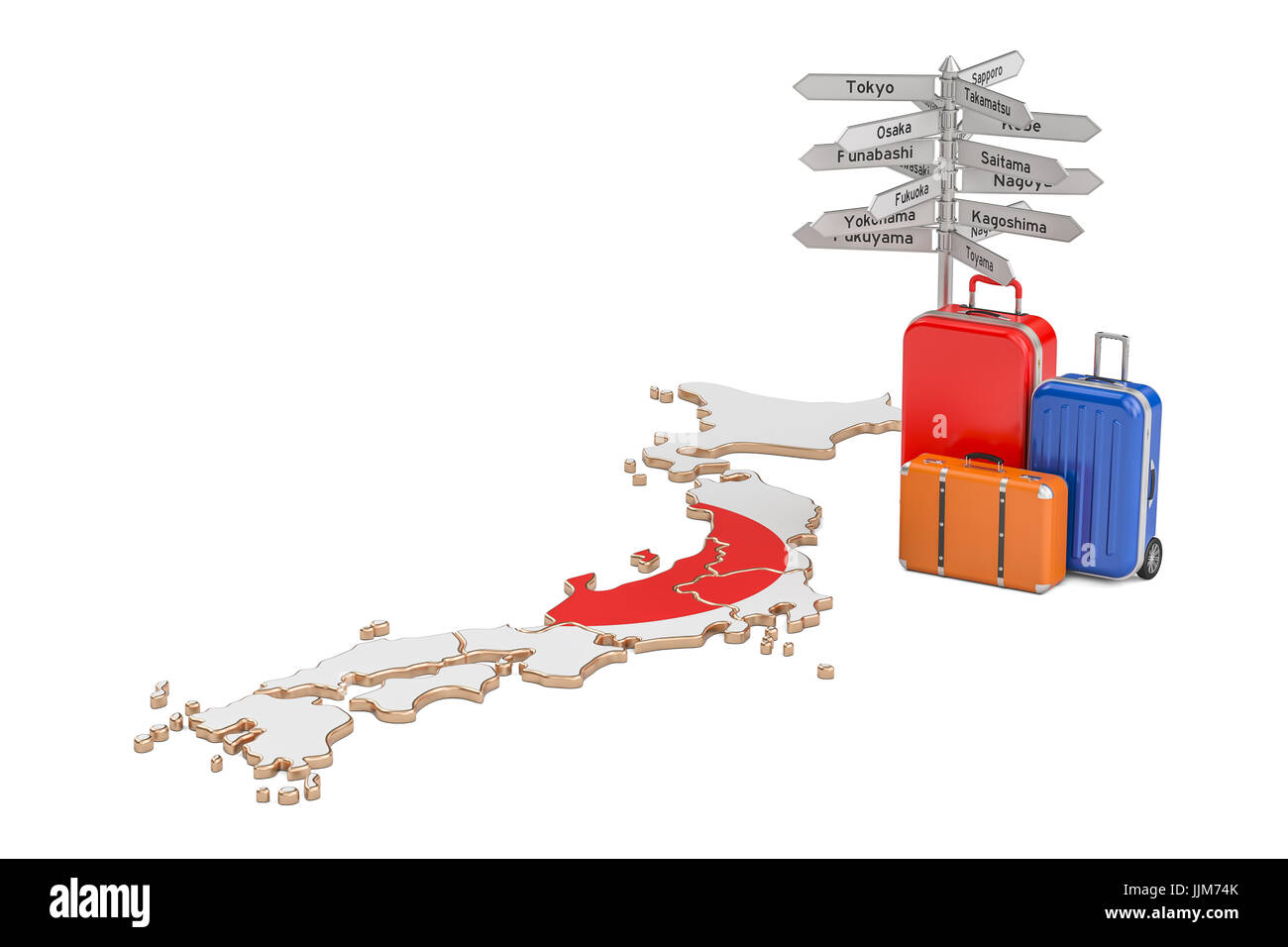 Japan travel concept. Suitcases with signpost on Japanese map, 3D rendering Stock Photo