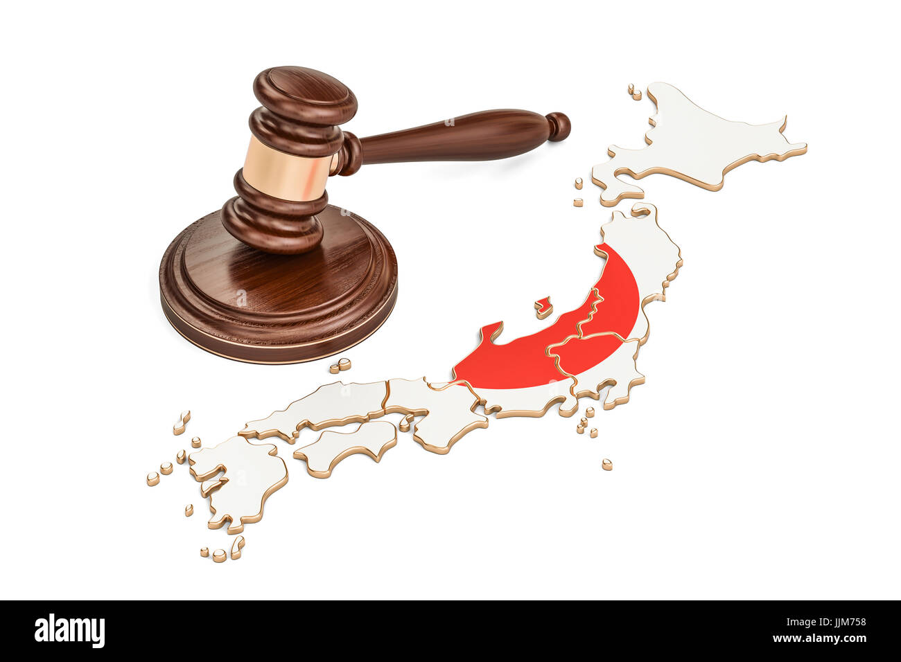 Wooden Gavel on map of Japan, 3D rendering isolated on white background Stock Photo