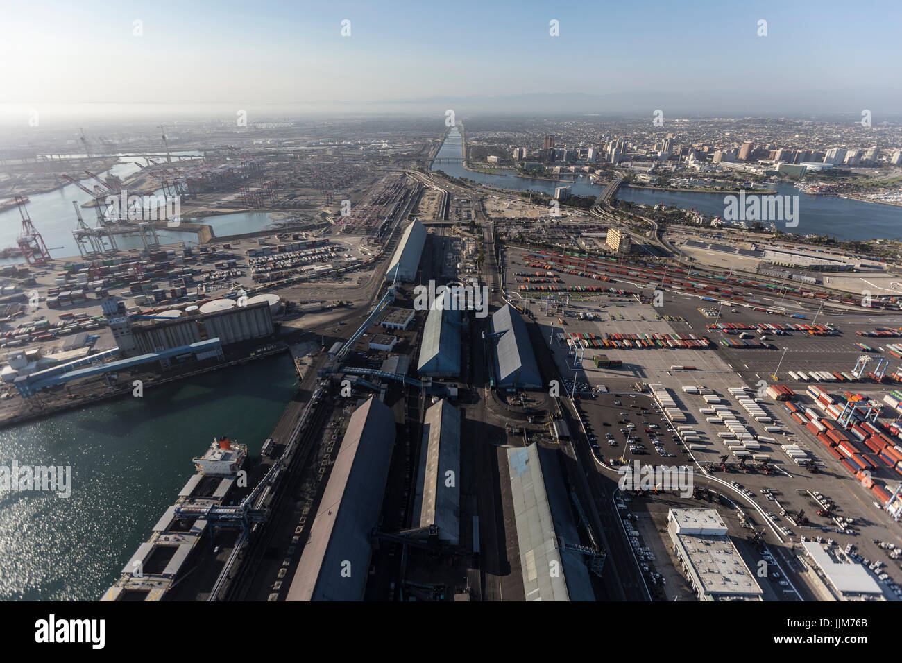 Long Beach, California, USA - July 10, 2017:  Aerial view of Port of Long Beach industrial buildings near Los Angeles, California. Stock Photo