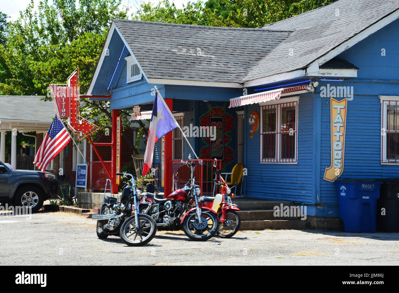 A neighborhood tattoo parlor in the Lower Greenville neighborhood of Dallas Texas. Stock Photo