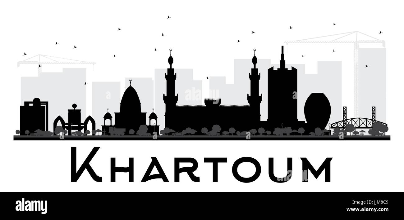 Khartoum City skyline black and white silhouette. Vector illustration. Simple flat concept for tourism presentation, banner, placard or web site. Stock Vector