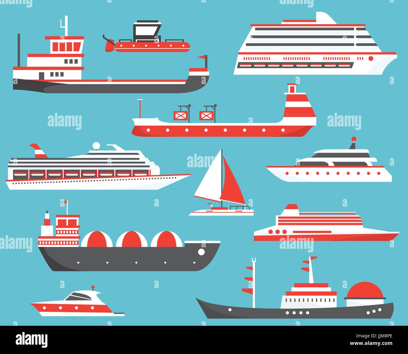 Ships Set. Oil Tanker, Yacht, Bulk Carrier, Gas Tanker and Passenger Cruise Ship. Vector Illustration. Stock Vector