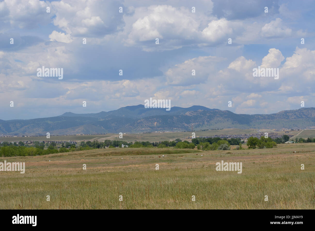 View of Rocky Mountain foothills and Front Range prairie from Standley Lake Regional Park in Westminster Colorado Stock Photo