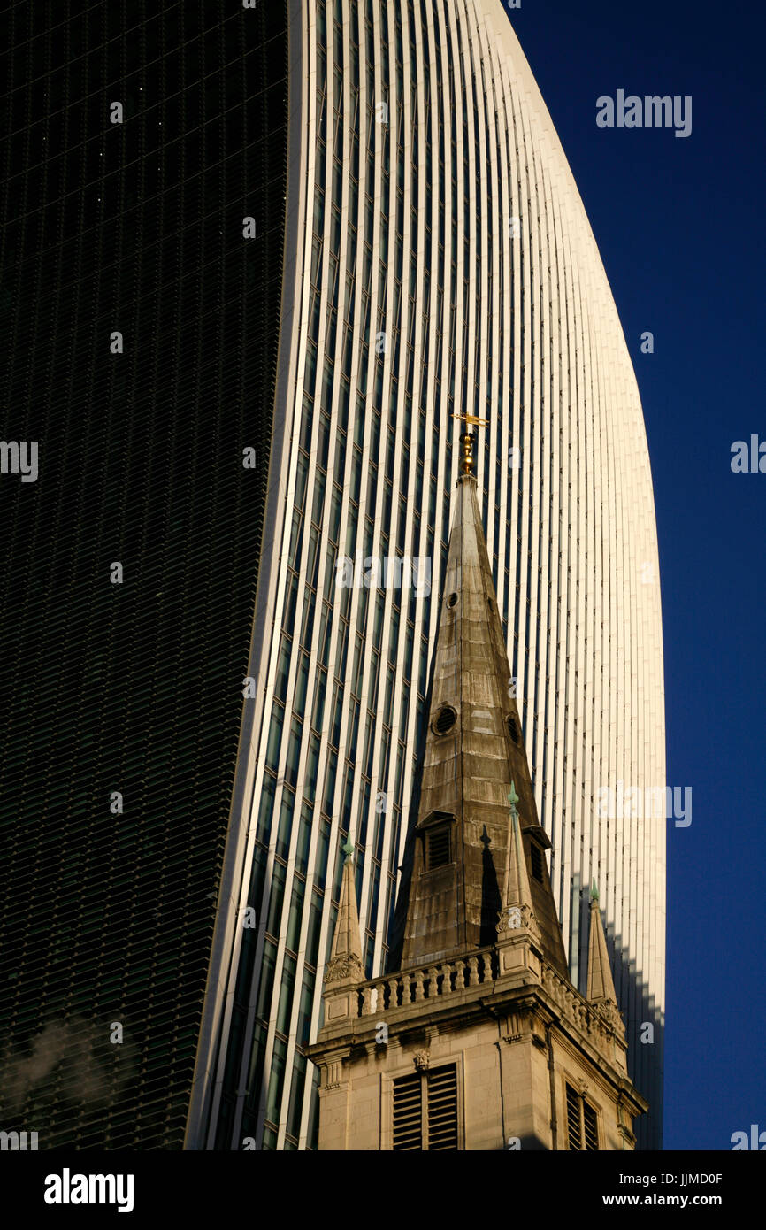 Spire of St Margaret Pattens church in front of 20 Fenchurch Street (Walkie Talkie), City of London, UK Stock Photo