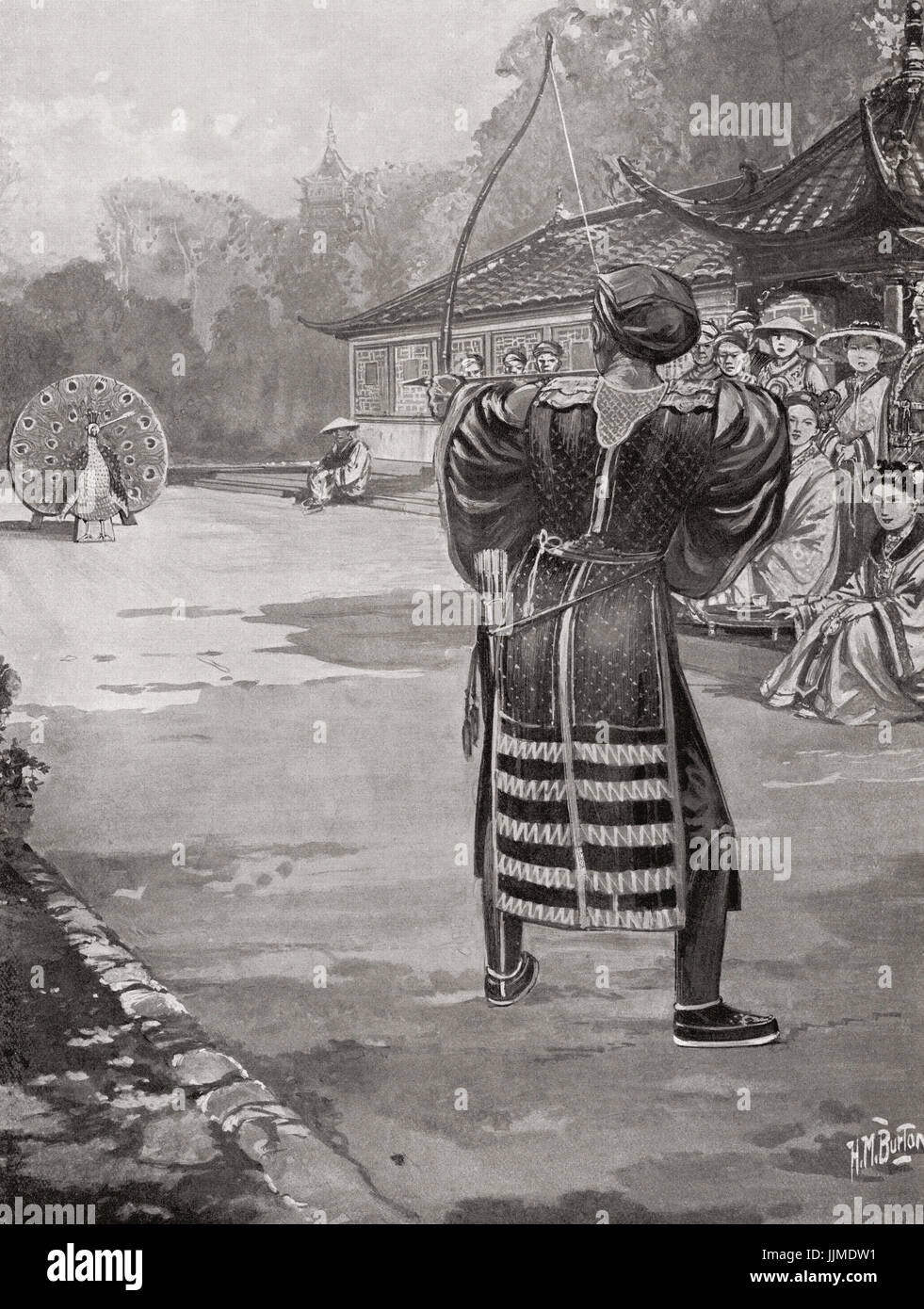 Li Yuan winning his wife at a shooting contest, the target was painted to resemble a peacock and both its eyes were put out by his arrows.  Emperor Gaozu of Tang, 566 – 635, born Li Yuan, courtesy name Shude.  Founder of the Tang Dynasty of China, and the first emperor of this dynasty from 618 to 626.  From Hutchinson's History of the Nations, published 1915. Stock Photo