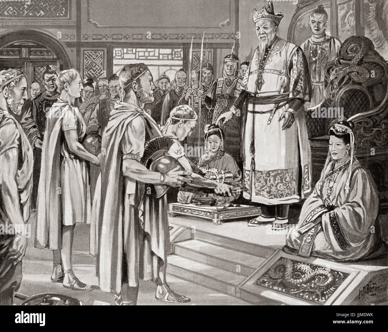 Emperor Daizong receives envoys in court from the Byzantine Emperor.  Emperor Daizong of Tang, 727 - 779,  personal name Li Yu.  Emperor of the Chinese Tang Dynasty.  From Hutchinson's History of the Nations, published 1915. Stock Photo