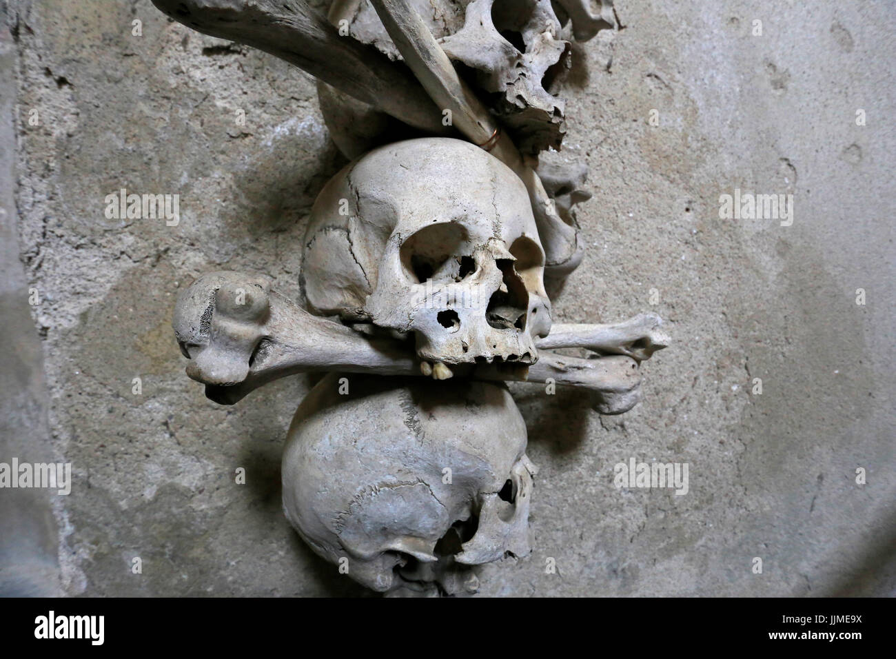 arrangement of skulls and bones at Kutna Hora Stock Photo
