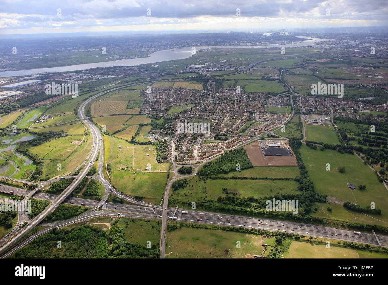 An aerial view of Junction 30 of the M25 and the Essex village of Aveley Stock Photo