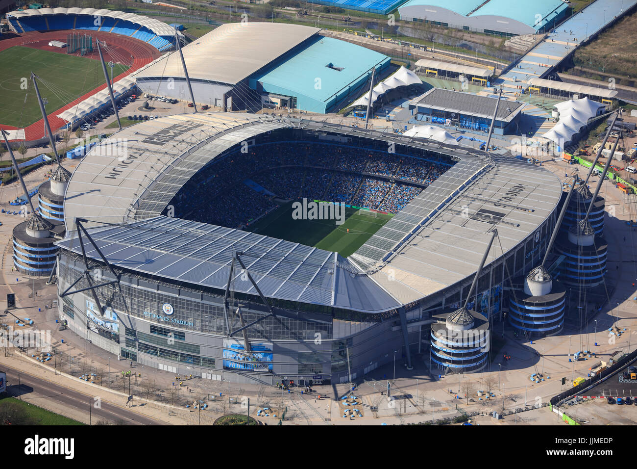 An aerial view of the City of Manchester Stadium, home of Manchester City FC Stock Photo