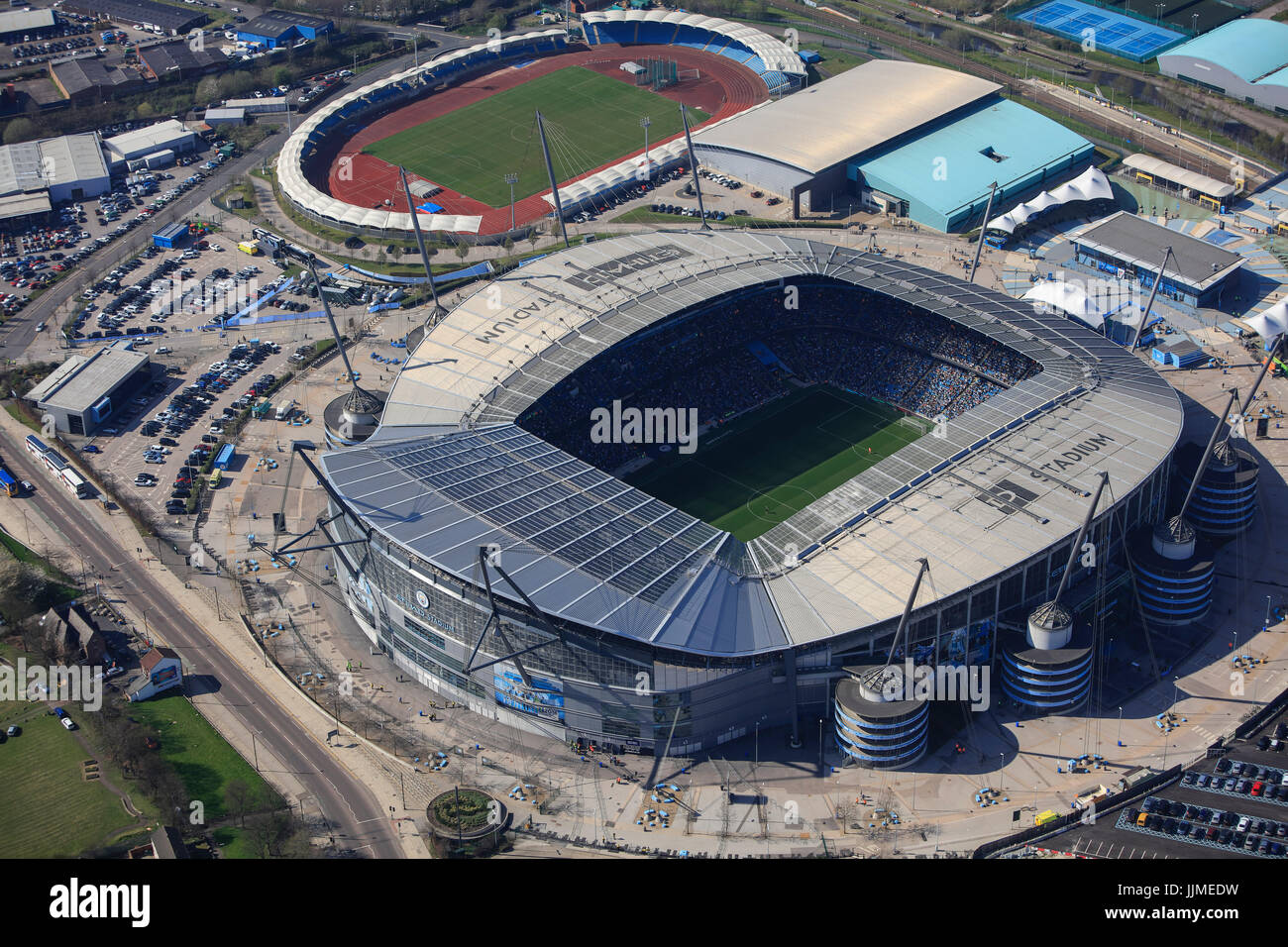 An aerial view of the City of Manchester Stadium, home of Manchester City FC Stock Photo