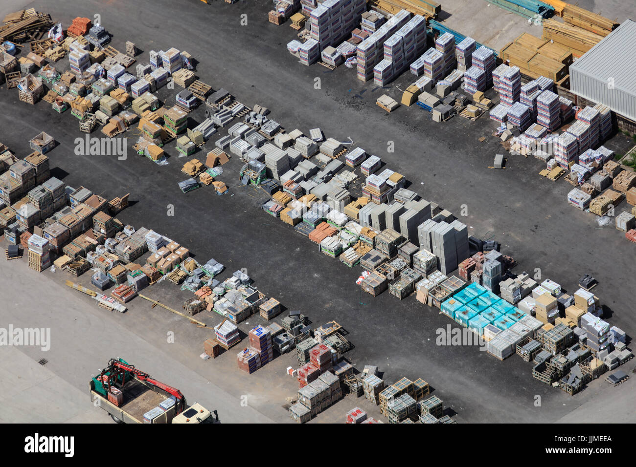 An aerial view of building materials being stored outside at a Builders Merchants Stock Photo