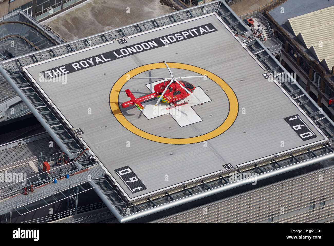 London Air Ambulance's MD-902 Explorer G-LNDN on the rooftop helipad at the Royal London Hospital Stock Photo