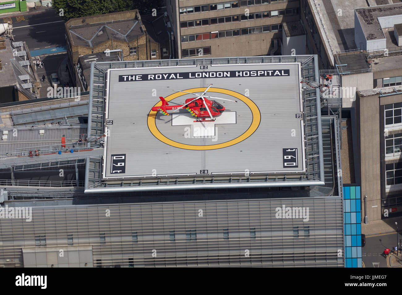 London Air Ambulance's MD-902 Explorer G-LNDN on the rooftop helipad at the Royal London Hospital Stock Photo