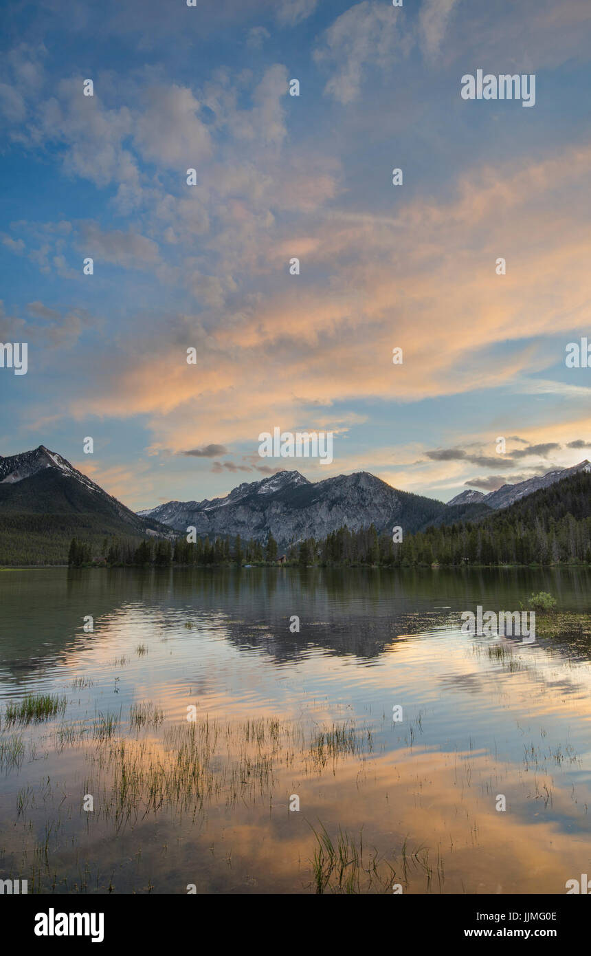 Pettit Lake in evening afterglow, Sawtooth National Recreation Area Idaho Stock Photo