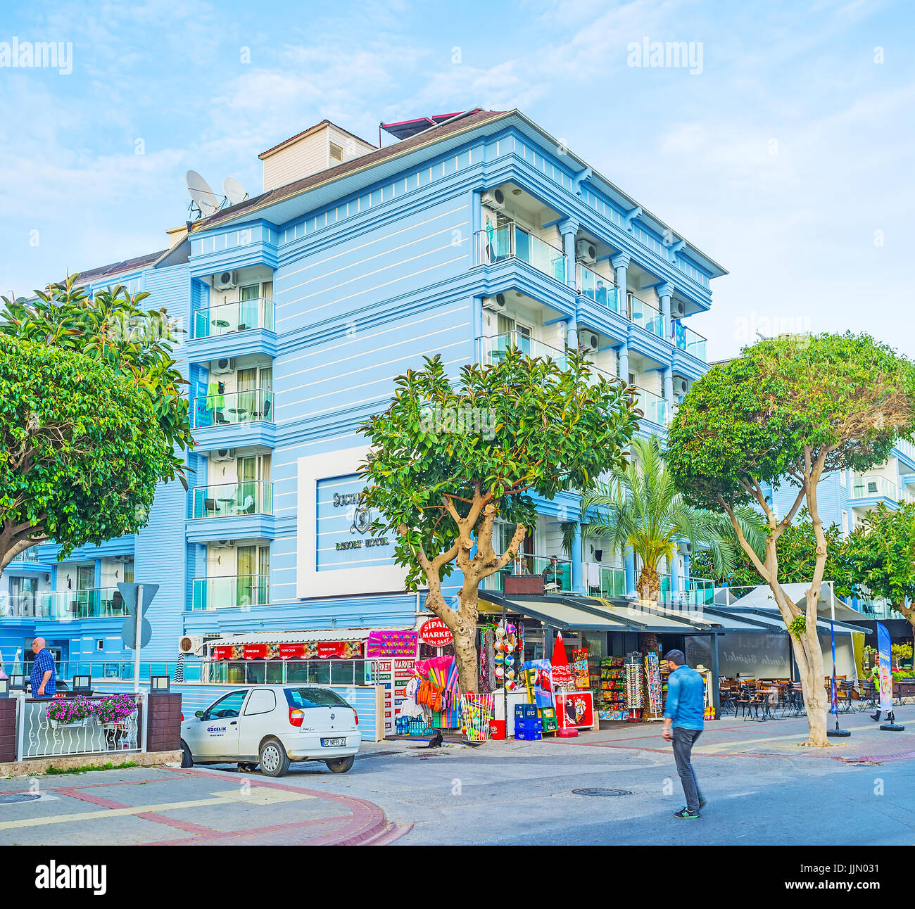 ALANYA, TURKEY - MAY 8, 2017: The numerous comfortable and modern hotels located on the coast of Kleopatra beach, on May 8 in Turkey. Stock Photo