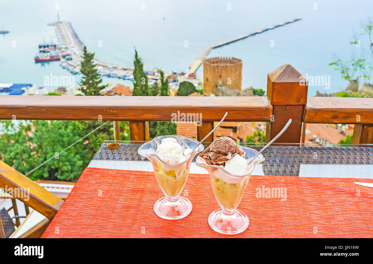 Dondurma ice cream in scenic outdoor cafe is the best morning start in Alanya resort, Turkey. Stock Photo