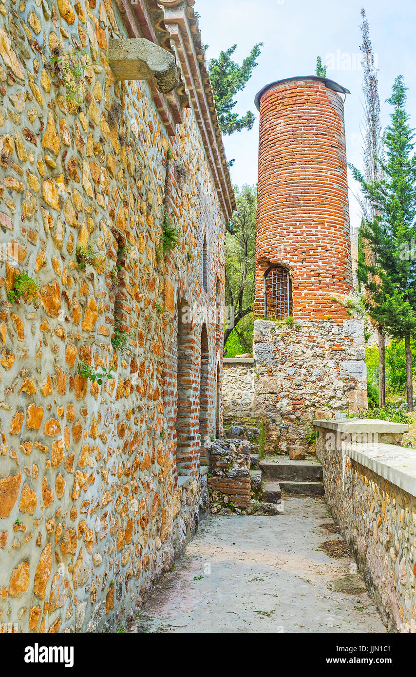 The minaret, located next to the Akshebe Sultan Mosque and Turbe (tomb) on the Castle hill of Alanya, Turkey. Stock Photo