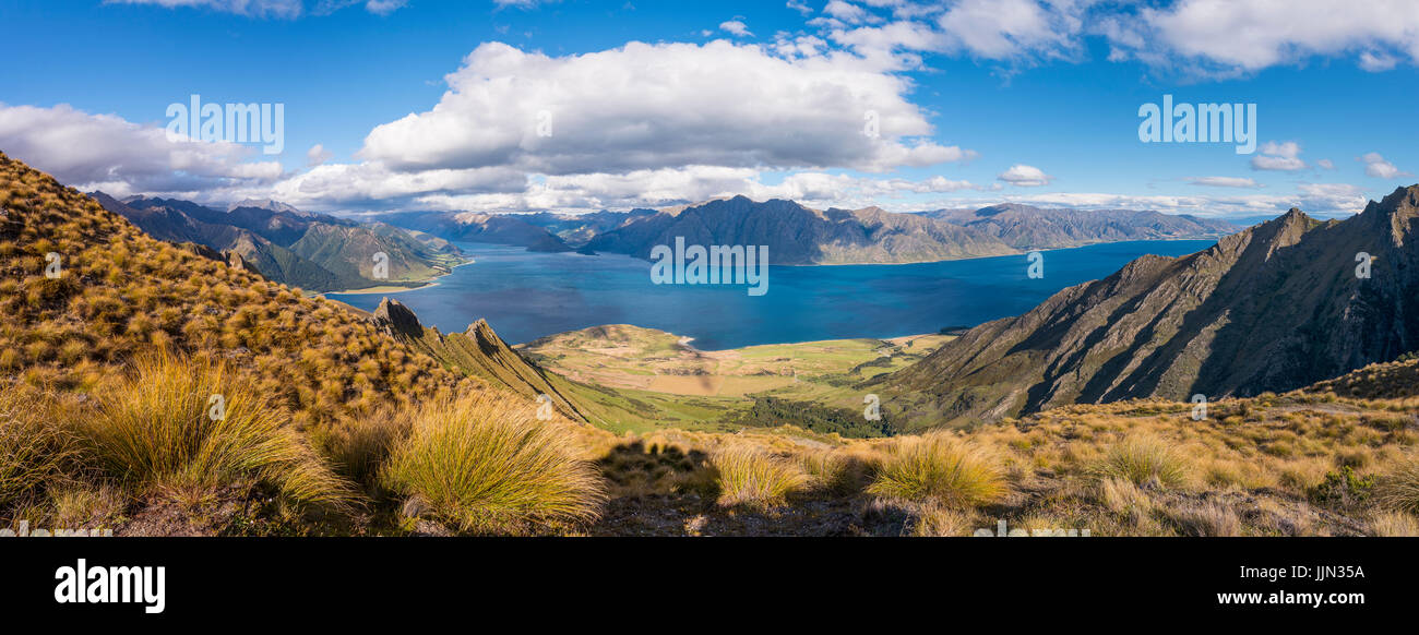 View of lake in mountain landscape, rugged landscape, Lake Hawea, Otago, South Island, New Zealand Stock Photo