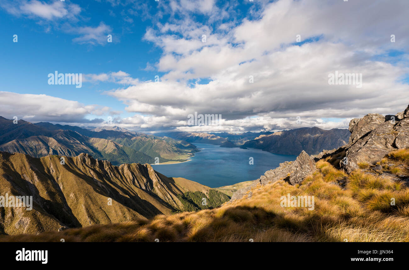 View Of Lake In Mountain Landscape Rugged Landscape Lake Hawea Stock Photo Alamy