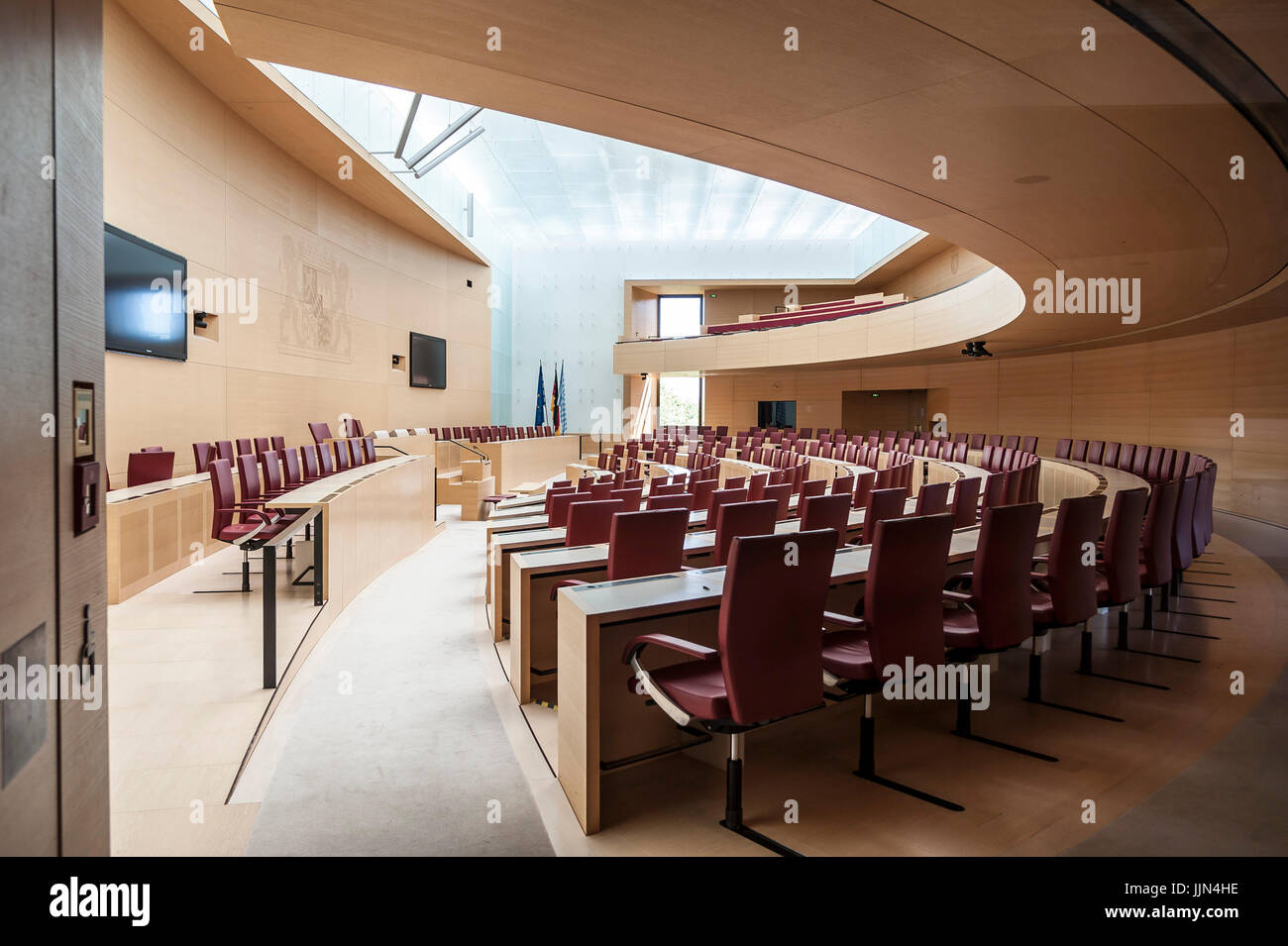 Empty plenary hall, Maximilianeum, Bavarian Parliament, Munich, Upper Bavaria, Bavaria, Germany Stock Photo