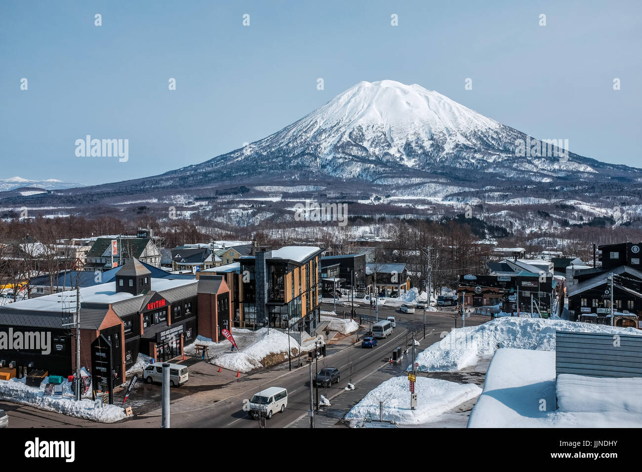 The Snow Capped Mount Yotei A Dormant Volcano In Niseko Japan As Viewed In The Evening Light From The Village Of Grand Hirafu Stock Photo Alamy