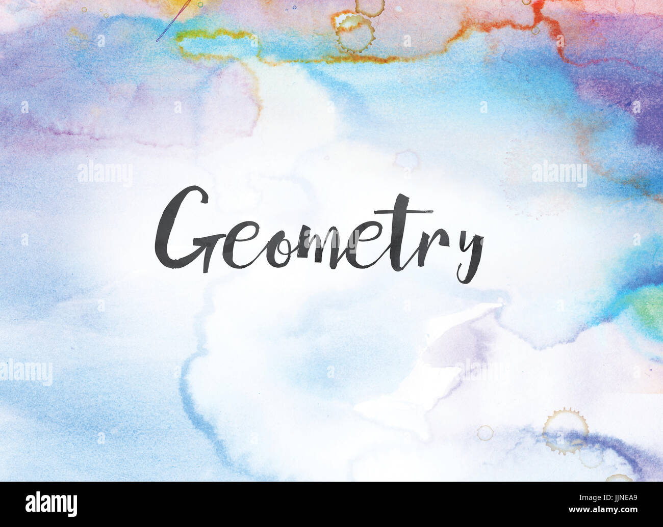 The word Geometry concept and theme written in black ink on a colorful painted watercolor