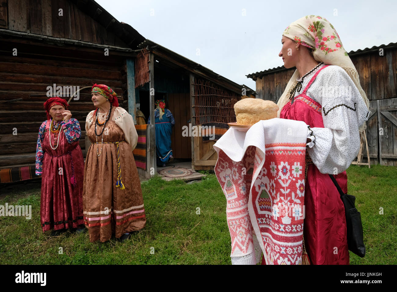 Russian women wearing traditional sarafan dress during a traditional ...