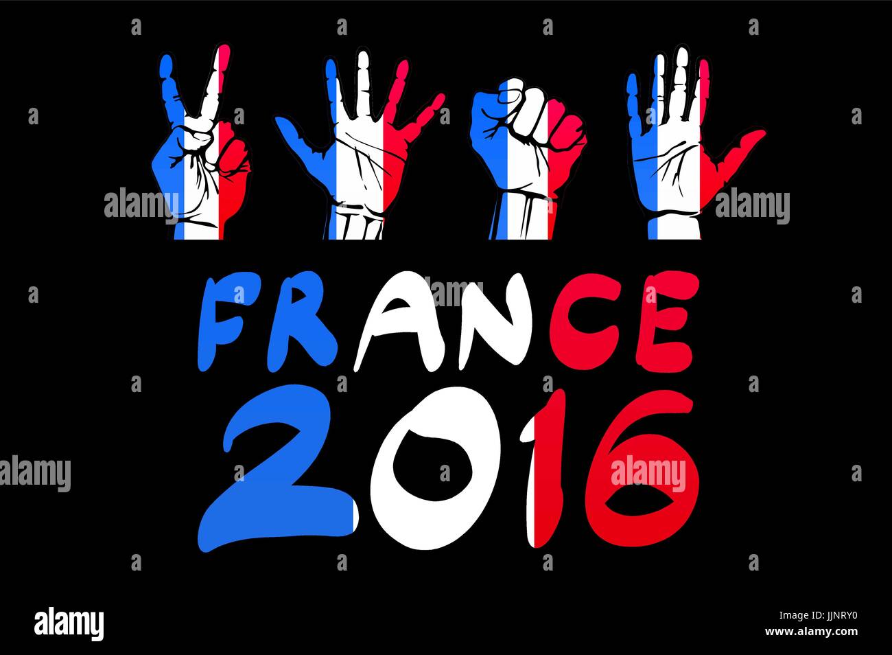 A set of hands with different gestures wrapped in the flag of France art Stock Vector