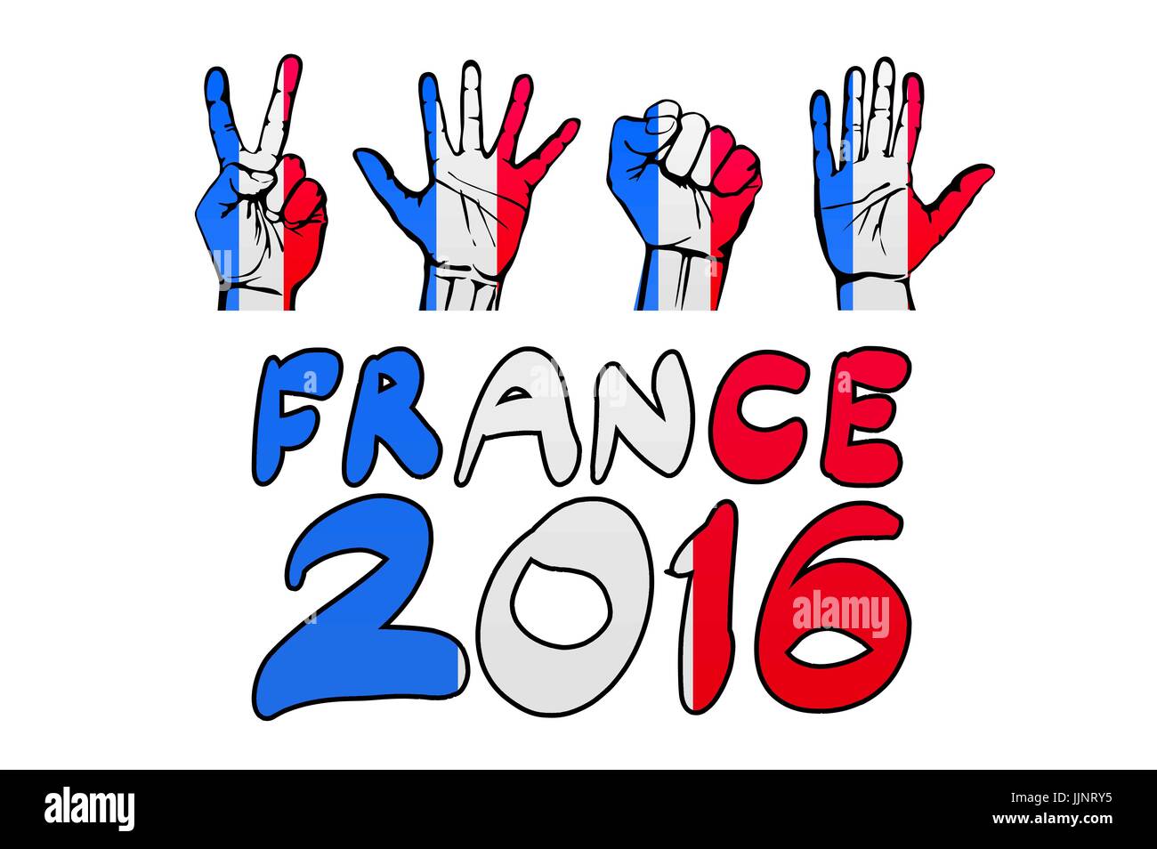 A set of hands with different gestures wrapped in the flag of France art Stock Vector