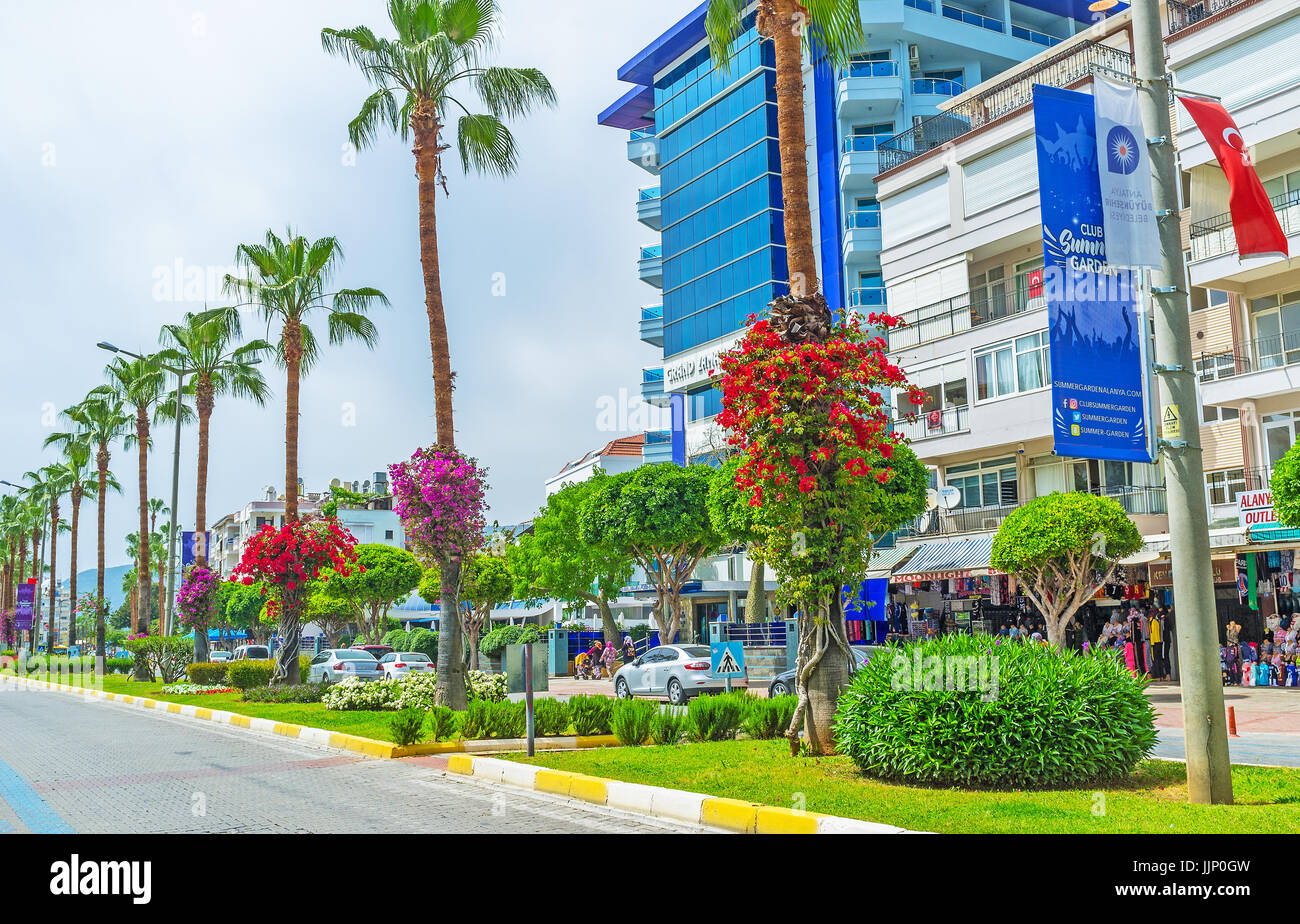 ALANYA, TURKEY - MAY 9, 2017: The Ataturk Boulevard is the central street of resort, here locates central hotels, big stores, luxury restaurants, it d Stock Photo