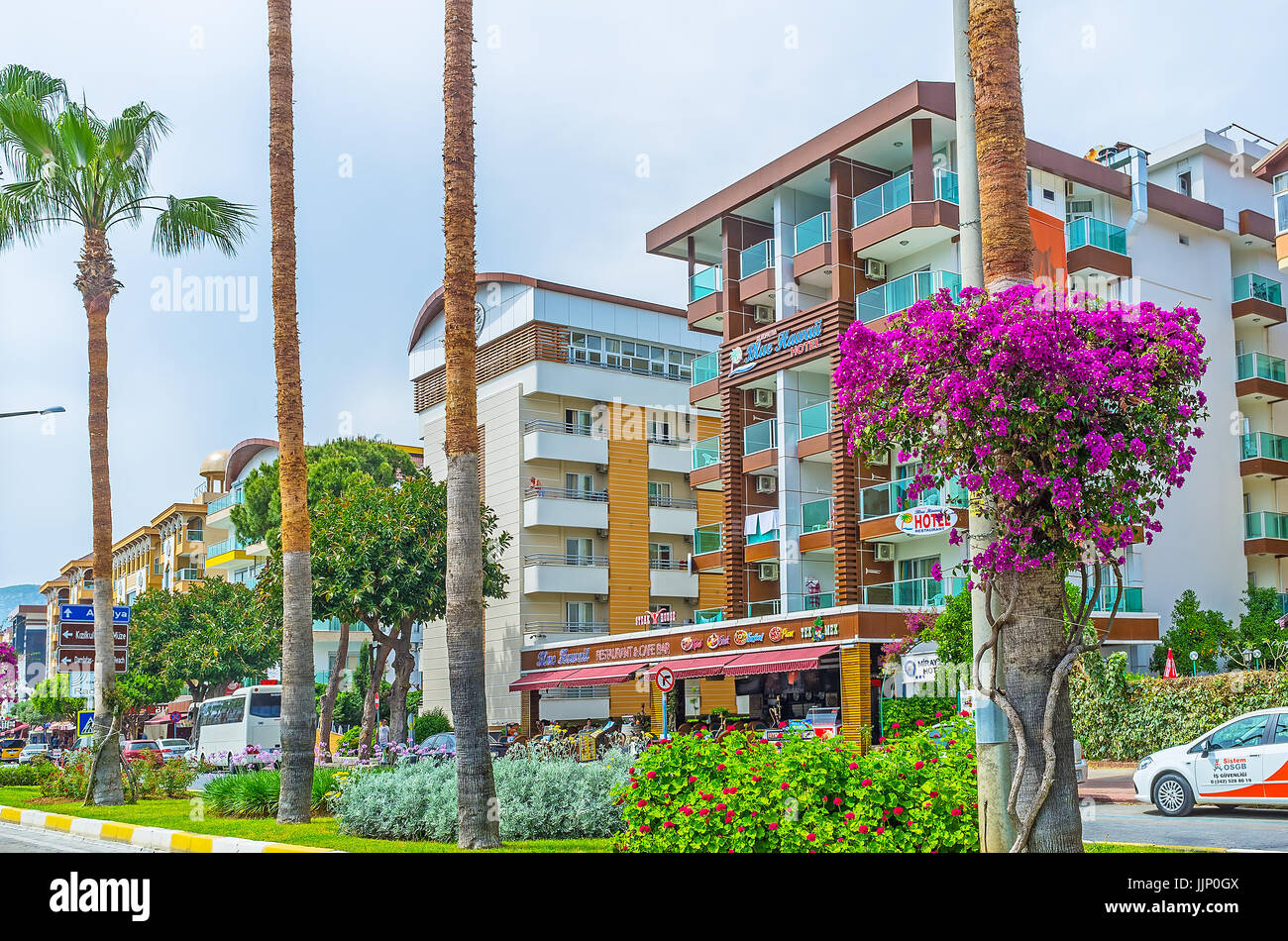 ALANYA, TURKEY - MAY 9, 2017: The row of luxury hotels in Ataturk Boulevard, decorated with tall palms and blooming bougainvillea bushes, on May 9 in  Stock Photo