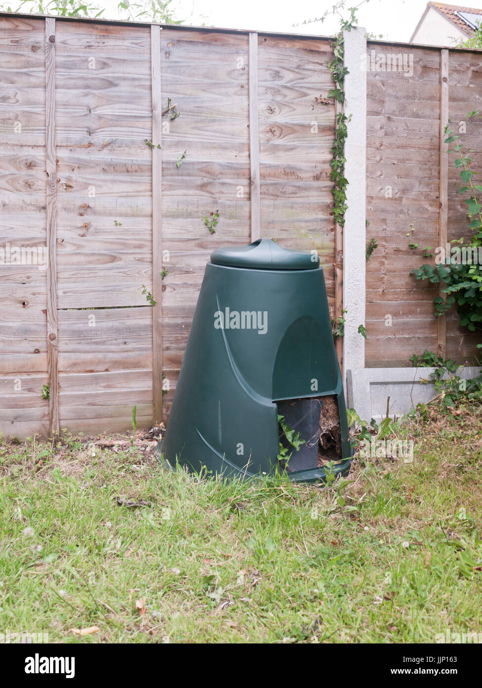 a green compost bin outside in garden; Essex; UK Stock Photo Alamy