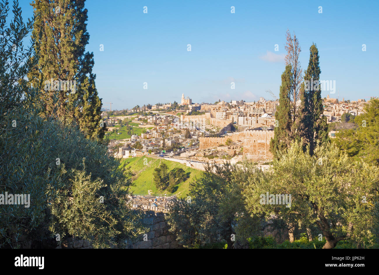 Jerusalem - Outlook from Mount of Olives to Dormition abbey and south part of town walls. Stock Photo