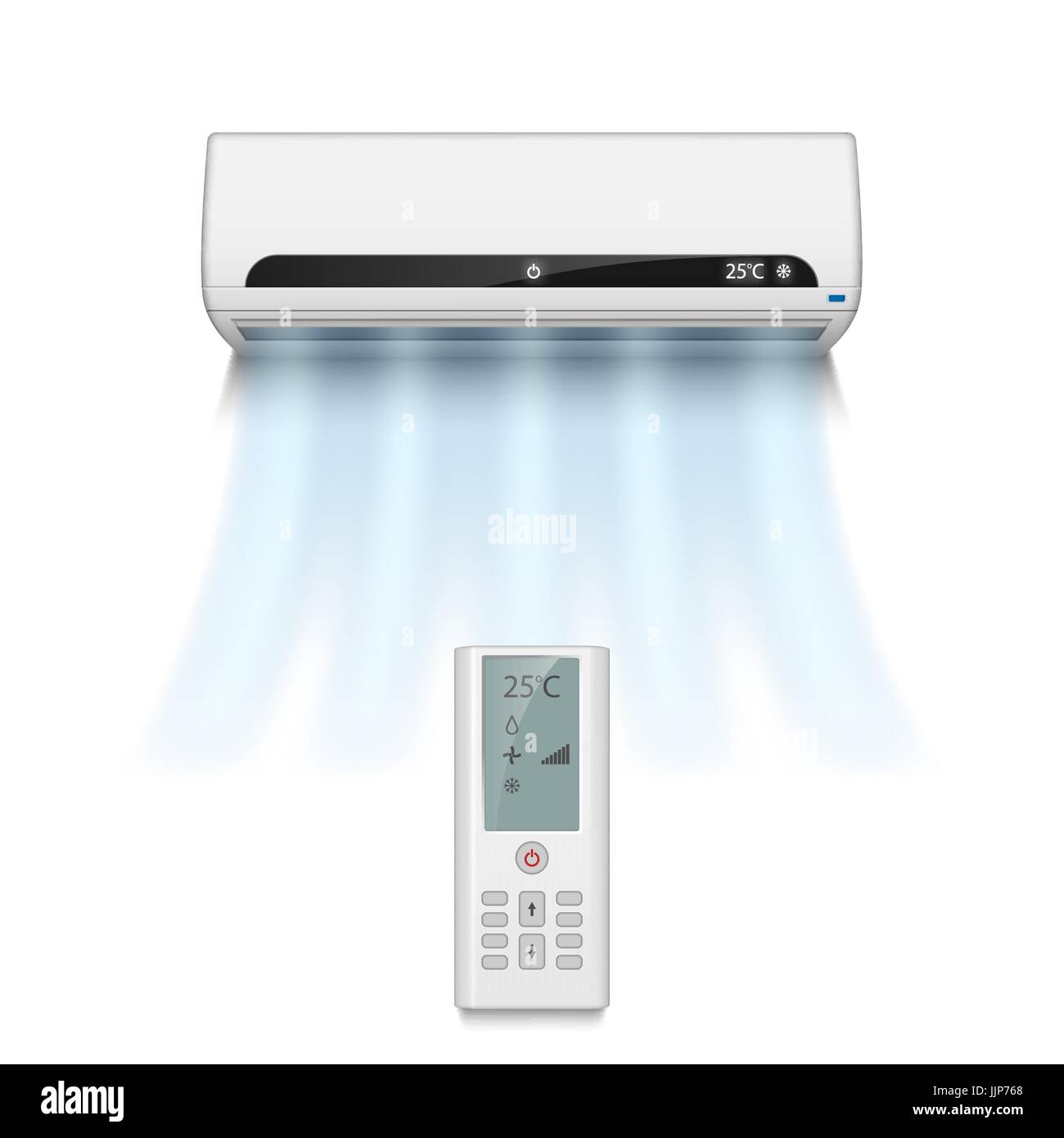 Realistic air conditioner isolated on white with cold air symbols. Modern air conditioner with remote control vector illustration Stock Vector