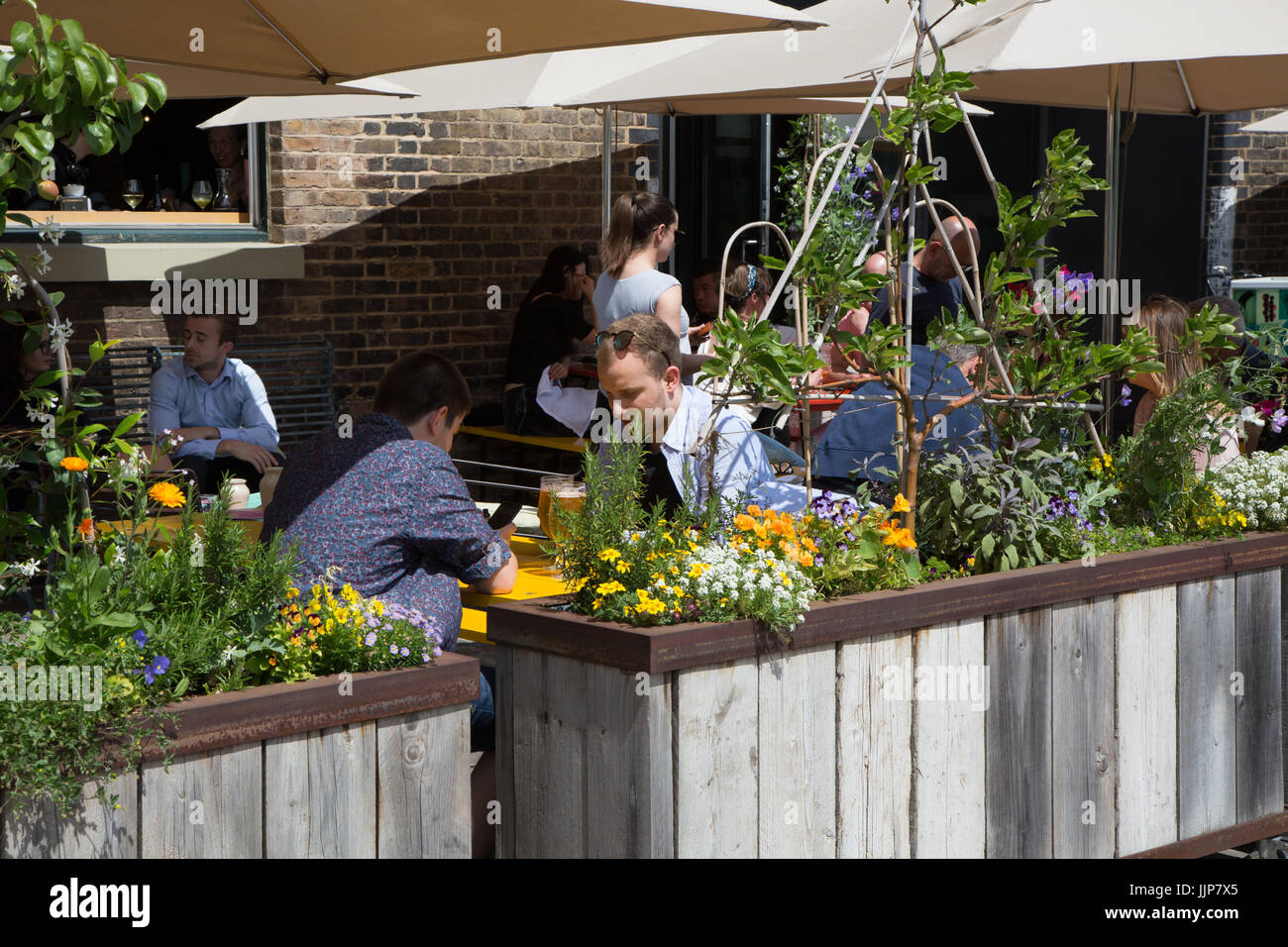 Grain Store, a restaurant in Granary Square King's Cross. Diners are eating al fresco in the garden outside Stock Photo