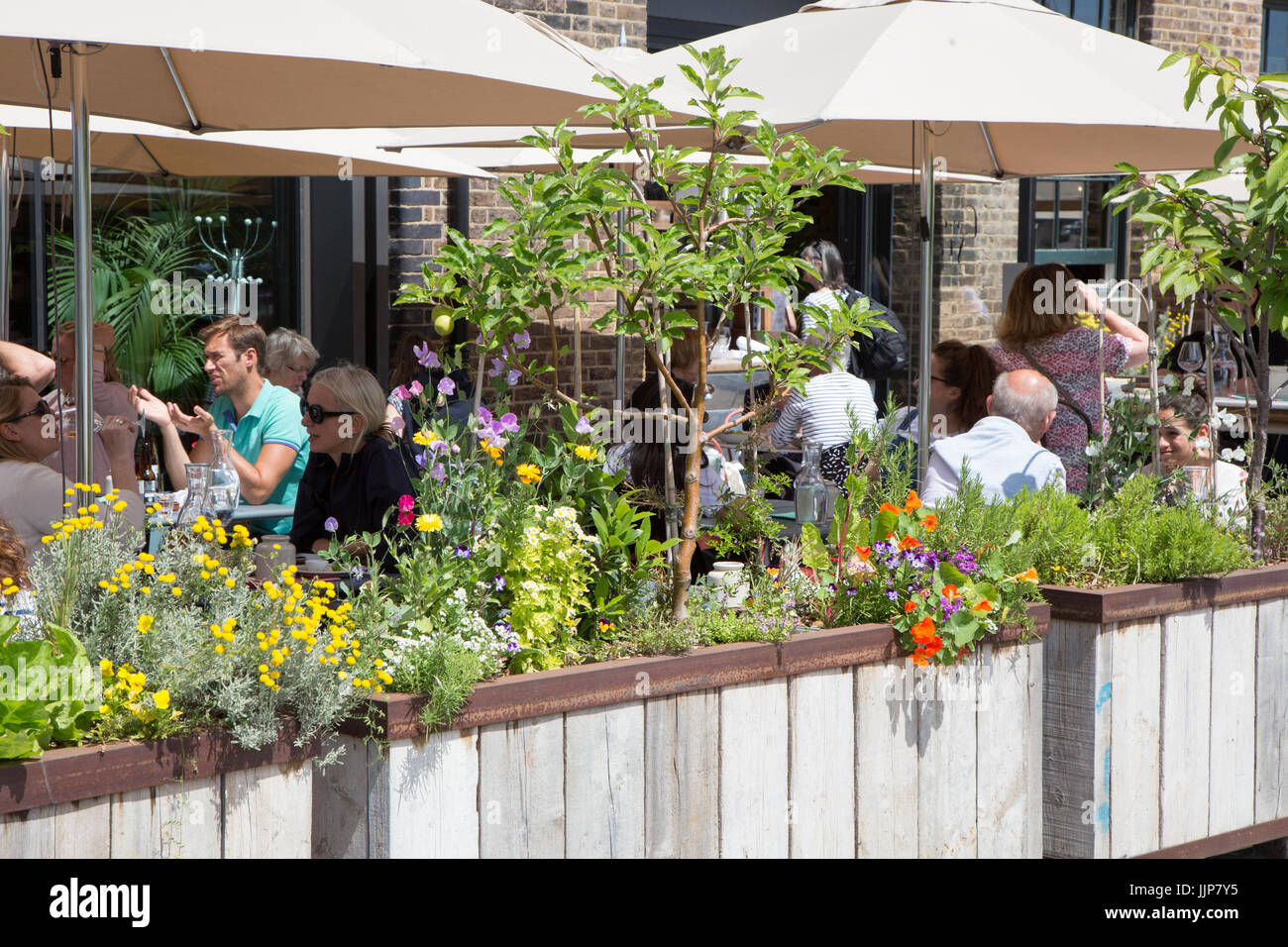 Grain Store, a restaurant in Granary Square King's Cross. Diners are eating al fresco in the garden outside Stock Photo