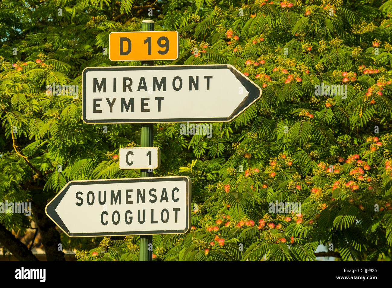 Road signs on route D19 at this village on the Dropt river near Duras; Sauvetat-du-Dropt; Lot-et-Garonne; France Stock Photo