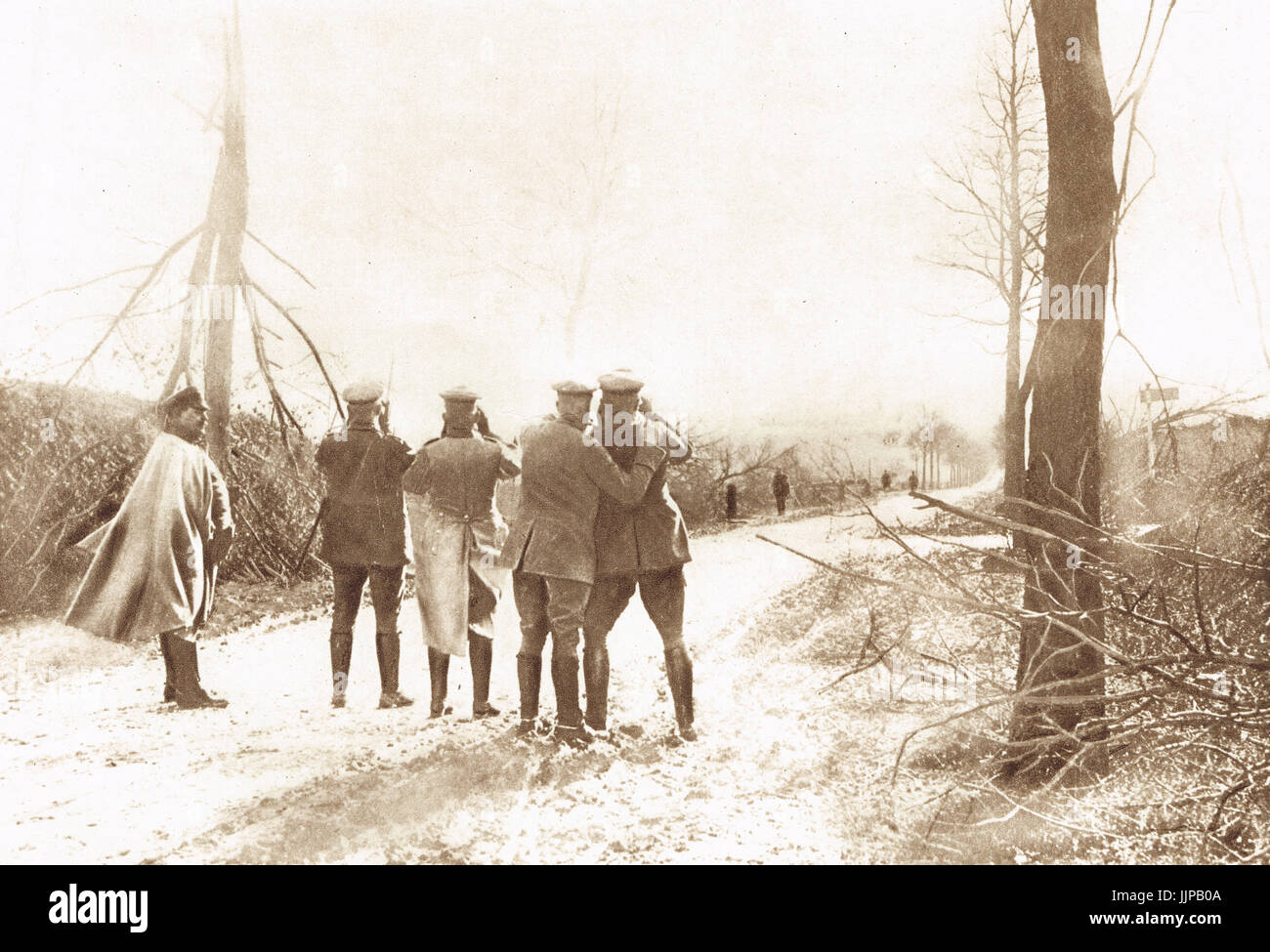 German officers watching effects of incendiary shelling on Reims Stock Photo