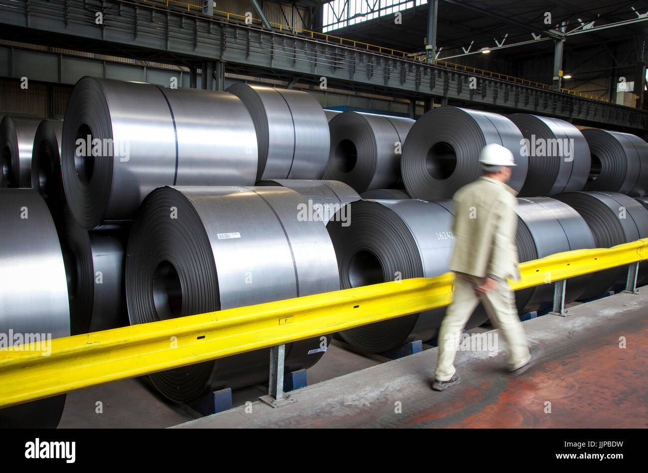 Steel coils, ThyssenKrupp steelwork in Duisburg, Ruhr Area, North Rhine-Westphalia, Germany, Europe. Stahlcoils, ThyssenKrupp HŸttenwerk, Duisburg, Ru Stock Photo