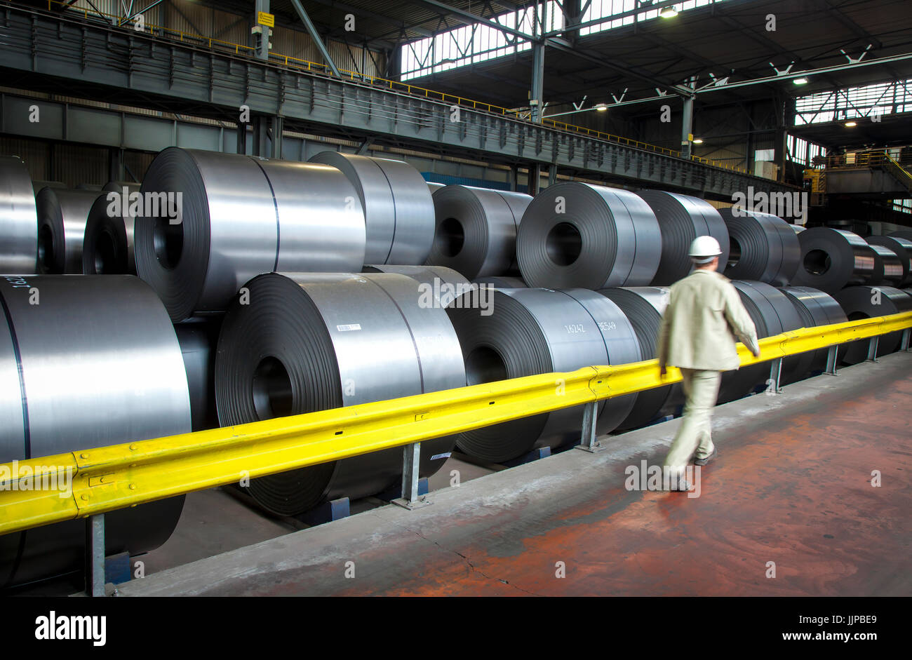 Steel coils, ThyssenKrupp steelwork in Duisburg, Ruhr Area, North Rhine-Westphalia, Germany, Europe. Stahlcoils, ThyssenKrupp HŸttenwerk, Duisburg, Ru Stock Photo