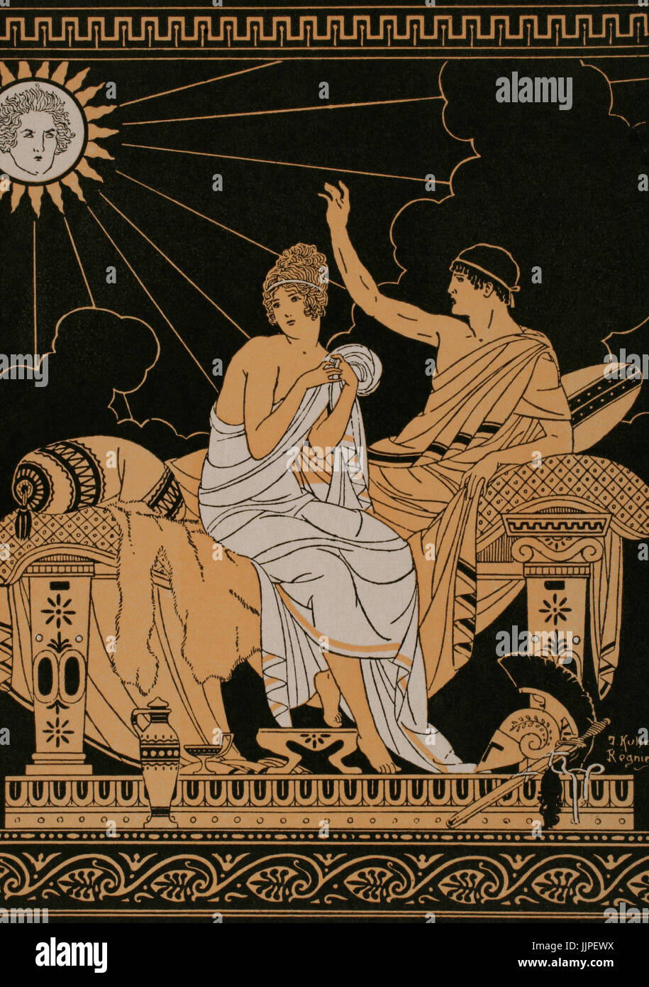 Classical Mythology. Venus, Goddess of love and Mars, God of war. Drawing by Joseph Kuhn-Regnier (1873-1940). Stock Photo