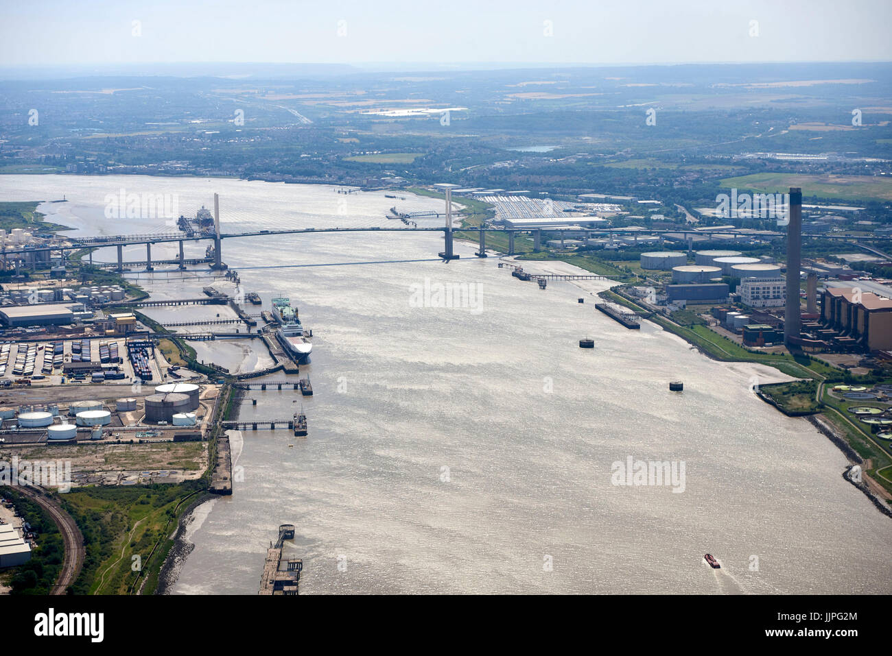 An aerial view of the M25 Dartford Crossing ( Queen Elizabeth Bridge ), South East England, UK. Looking down the river Thames. Stock Photo