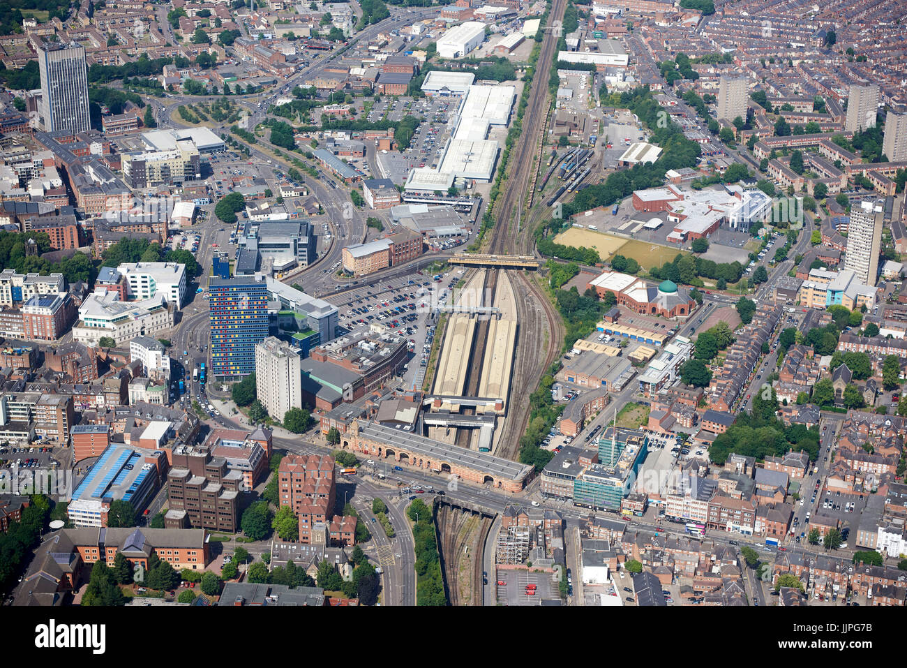 An aerial view of Leicester City Centre, around the railway station, East Midlands, UK Stock Photo