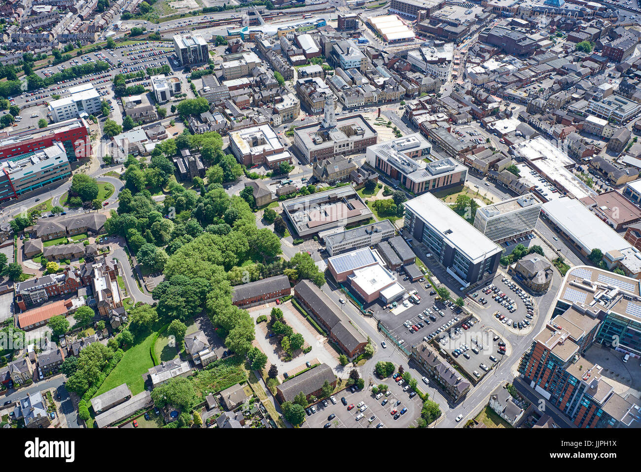 Barnsley Town Centre from the air, civic quarter dominant, South Yorkshire, Northern England, UK Stock Photo
