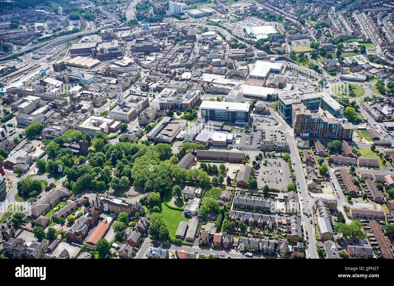 Barnsley Town Centre from the air, civic quarter dominant, South Yorkshire, Northern England, UK Stock Photo