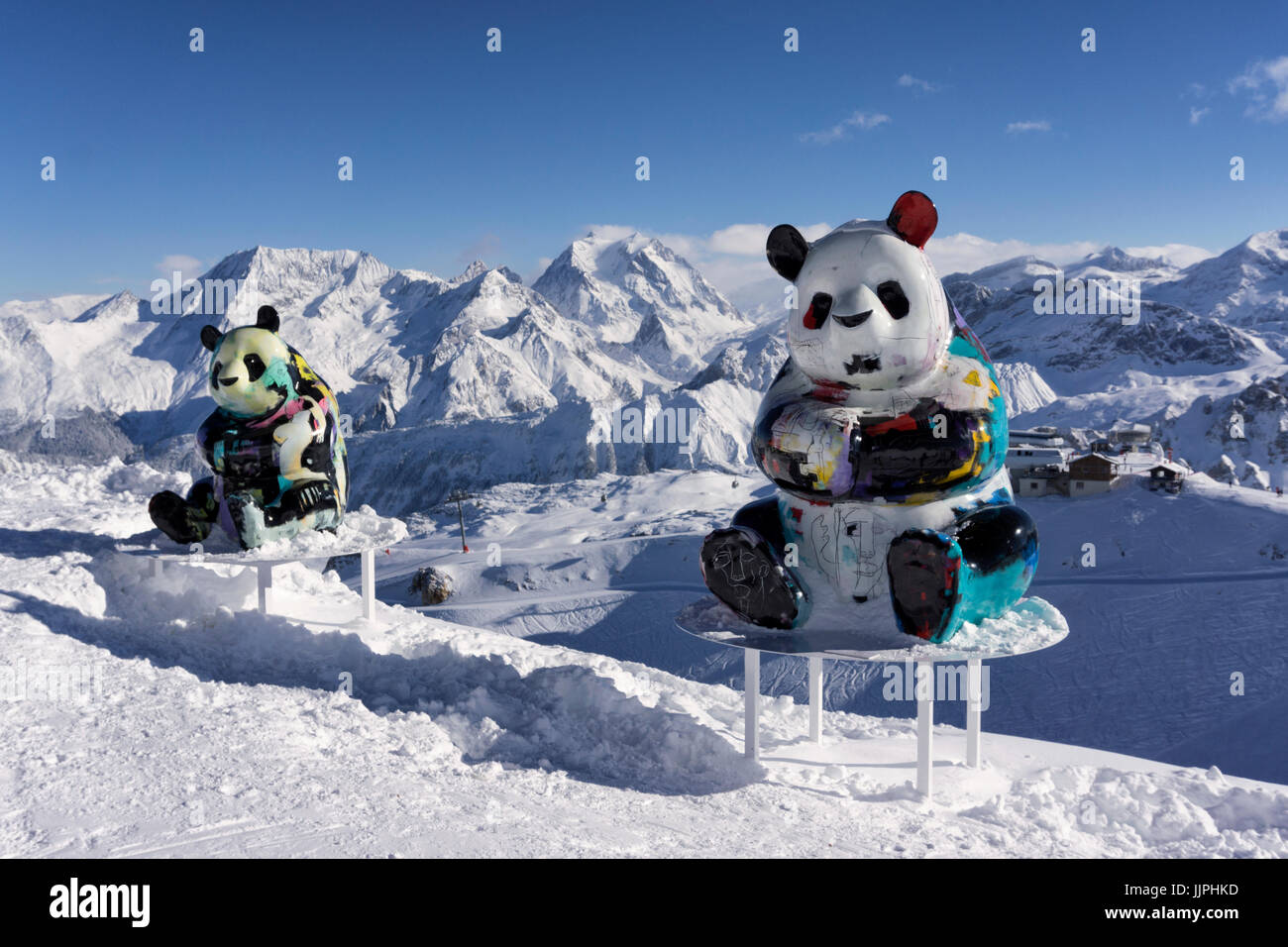 Panda sculptures by the French artist Julian Marinetti on display  at the summit above Courchevel during the winter season 2017. Stock Photo